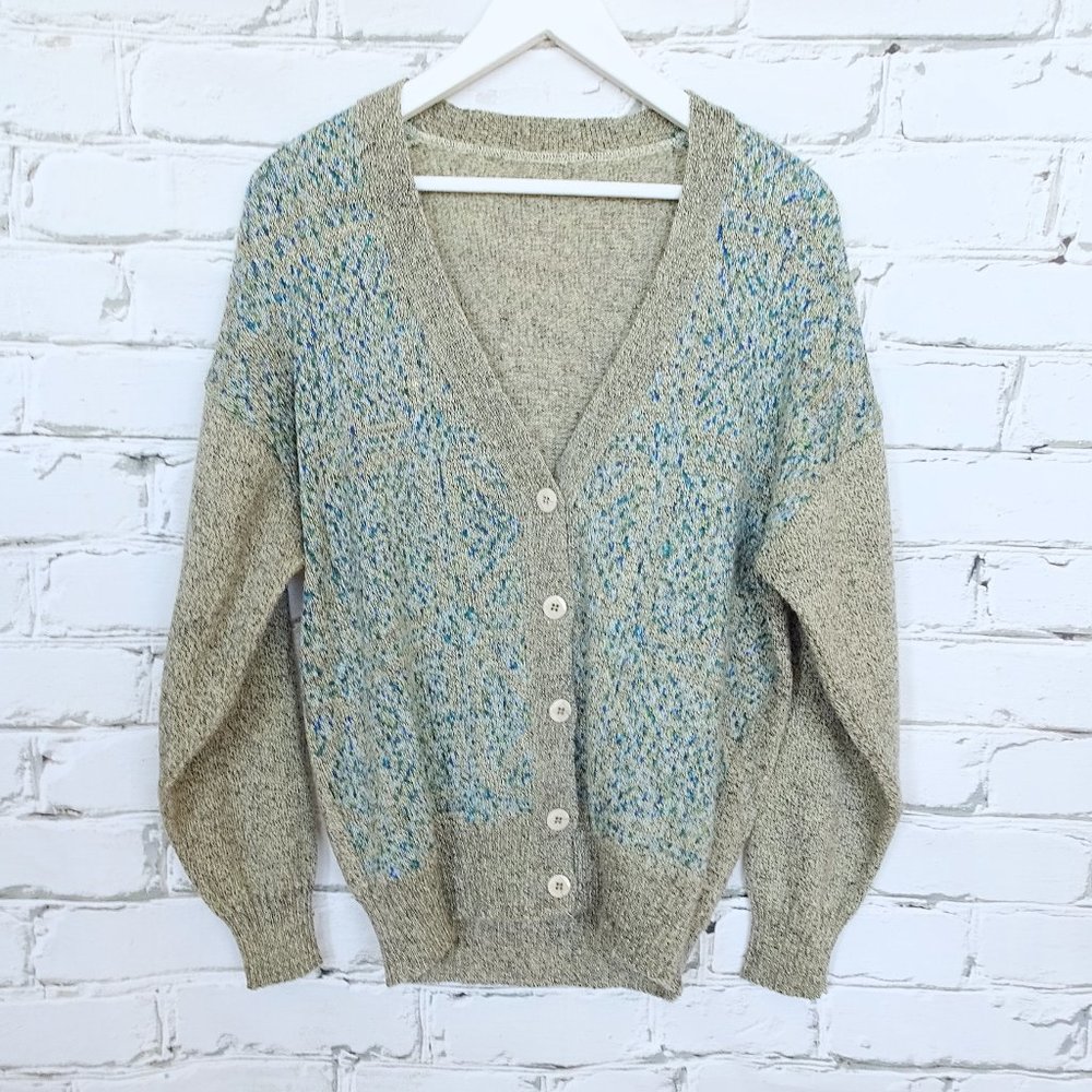 Vintage Grey Knit Cardigan w/ Blue and Green Multicolor